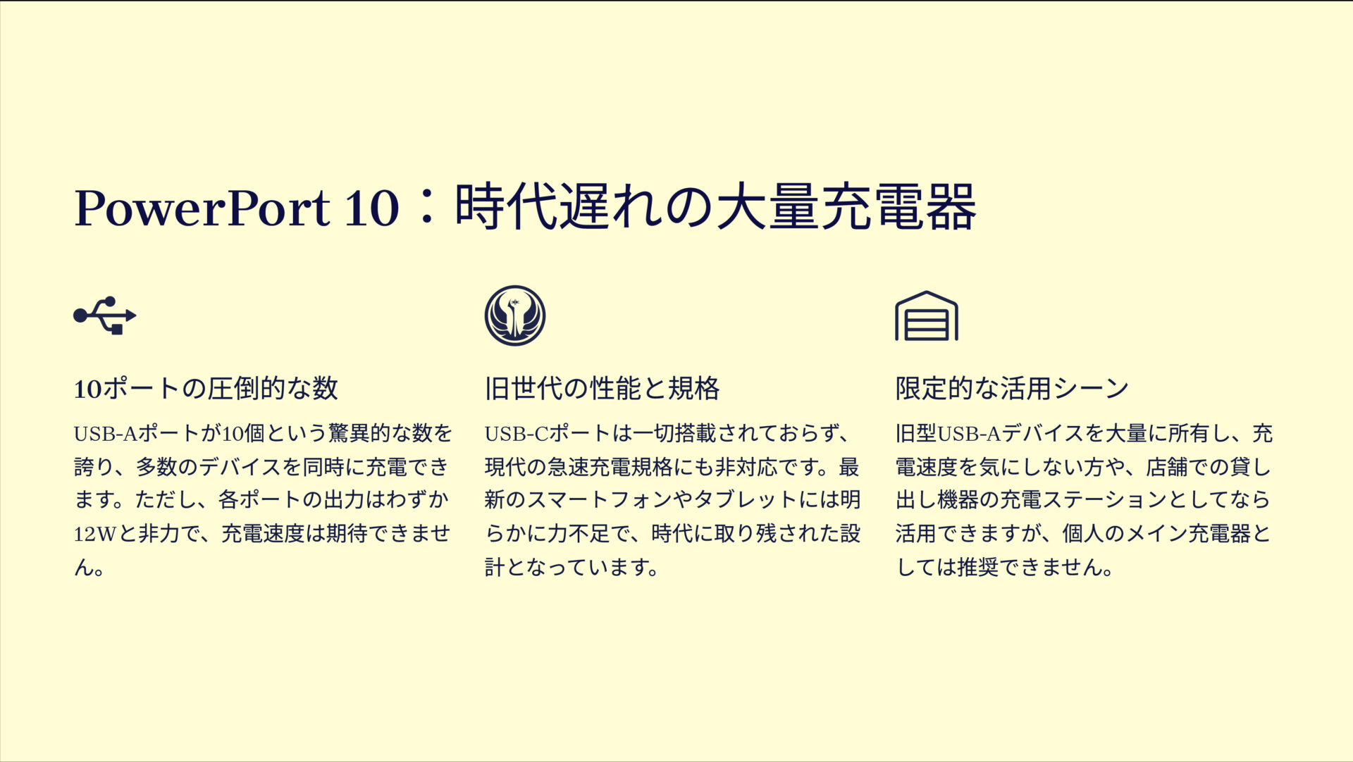 PowerPort 10を評価!|ポート数は圧巻、速度は残念。 のまとめスライド