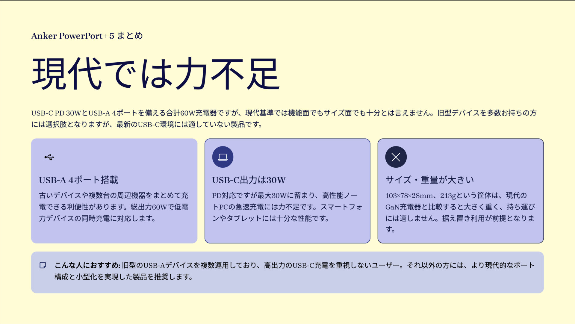PowerPort+ 5を評価！｜USB-A全盛期の名残、今あえて選ぶか？ のまとめスライド