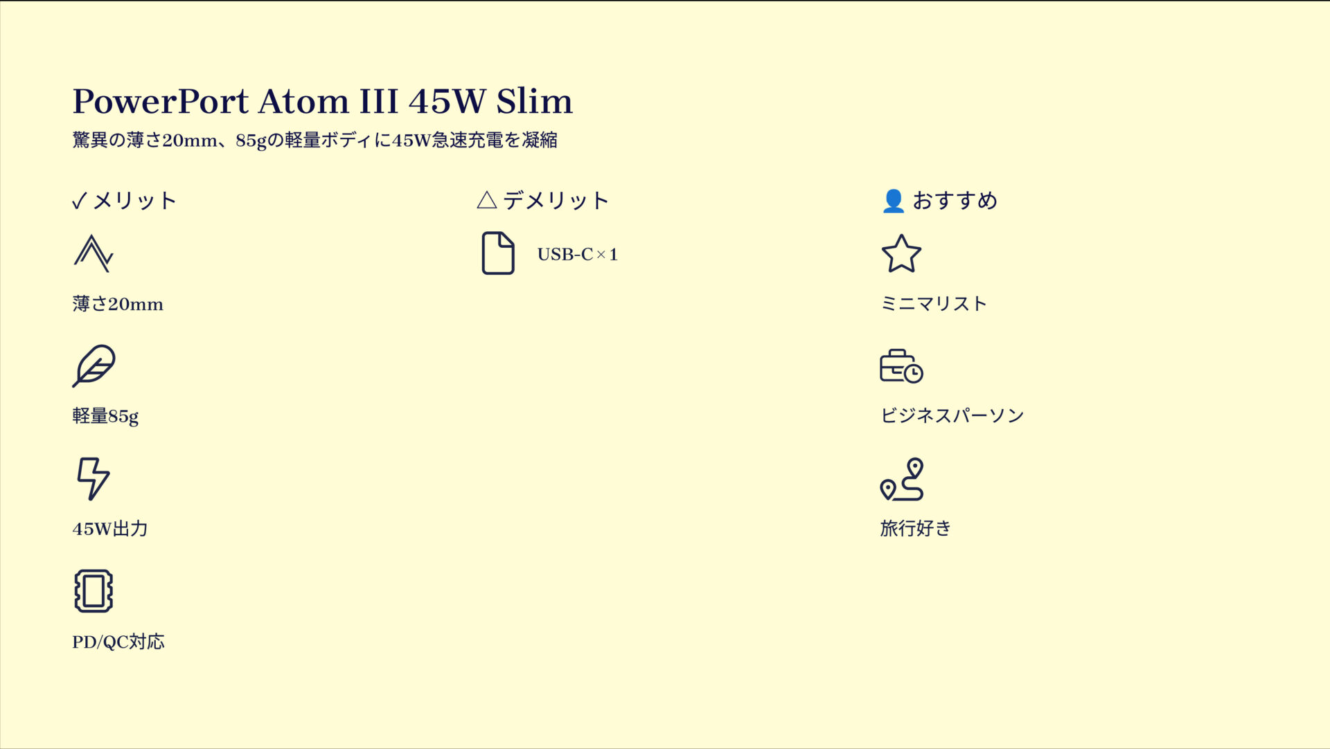 PowerPort Atom III 45W Slimを評価！｜ポケットに、未来の充電を。 の評価サマリー図