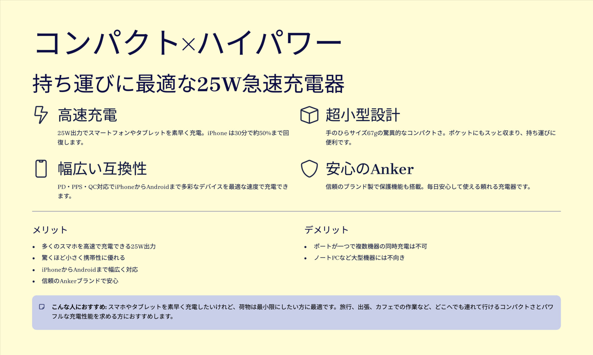 PowerPort III 25Wを評価！｜手のひらサイズで超速チャージ！いつでもどこでも頼れる相棒。 のまとめスライド