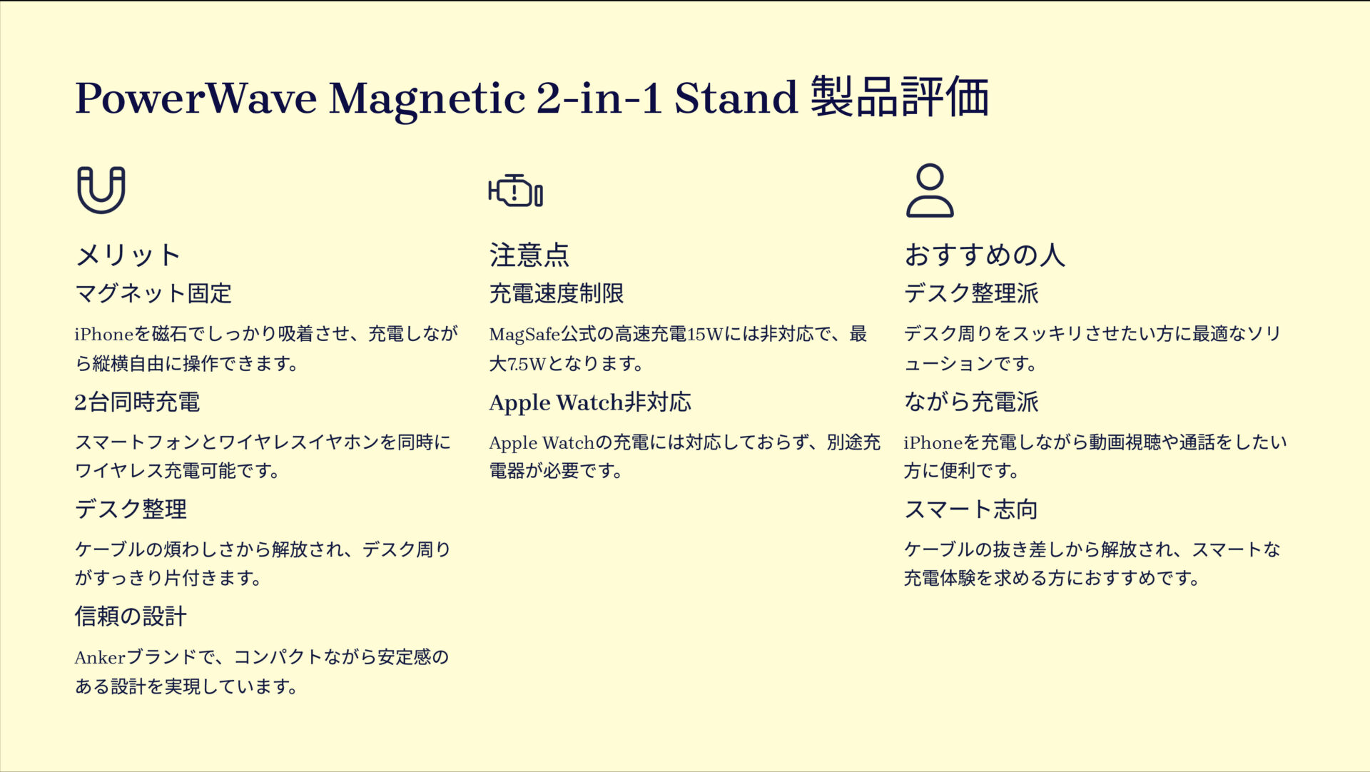 PowerWave Magnetic 2-in-1 Standを評価!|置くだけ吸着!デスクをスマートにする2台同時ワイヤレス充電スタンド の評価サマリー図