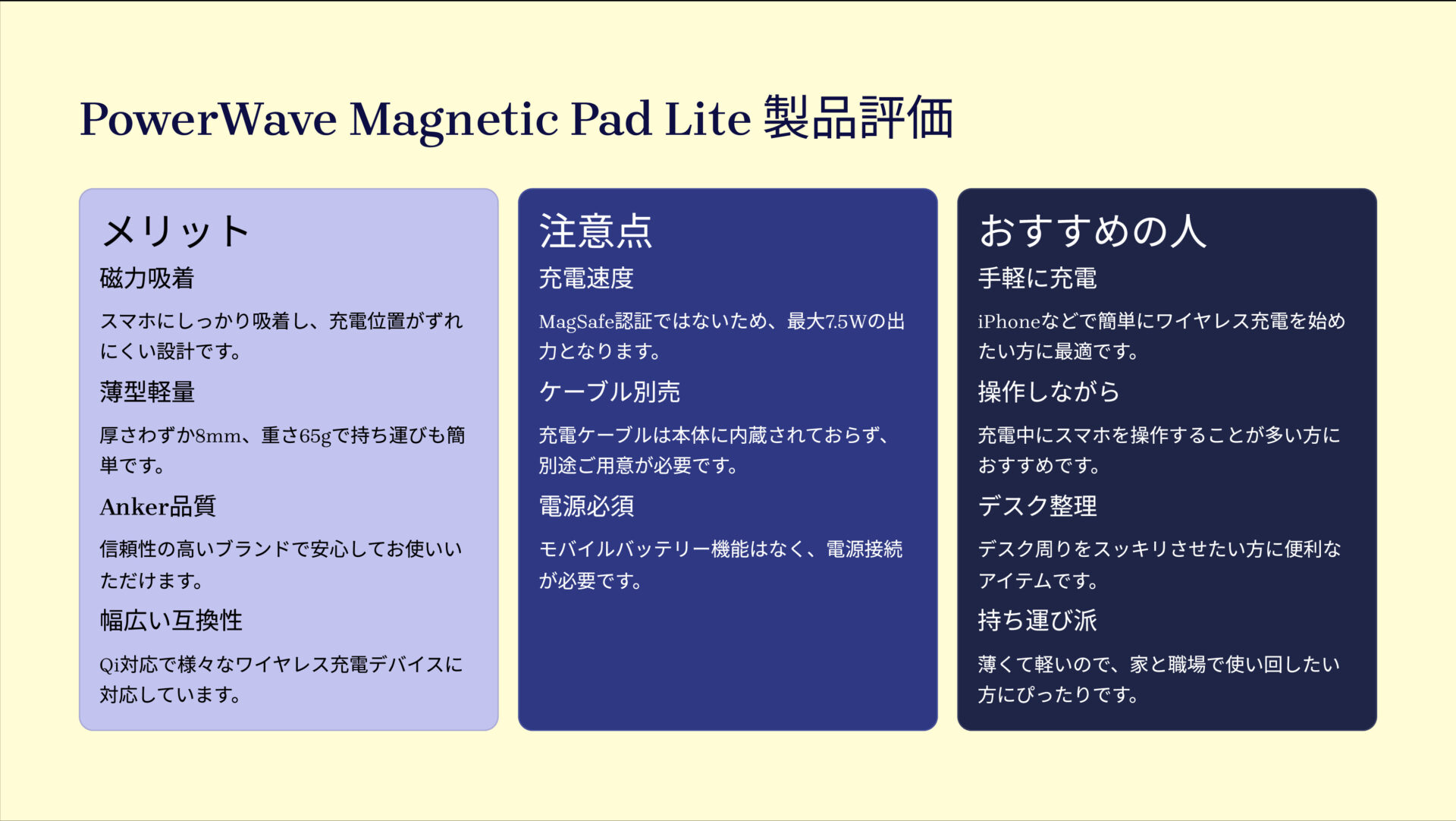 PowerWave Magnetic Pad Liteを評価!|ピタッと吸着!薄軽ワイヤレス充電でデスクすっきり。 の評価サマリー図