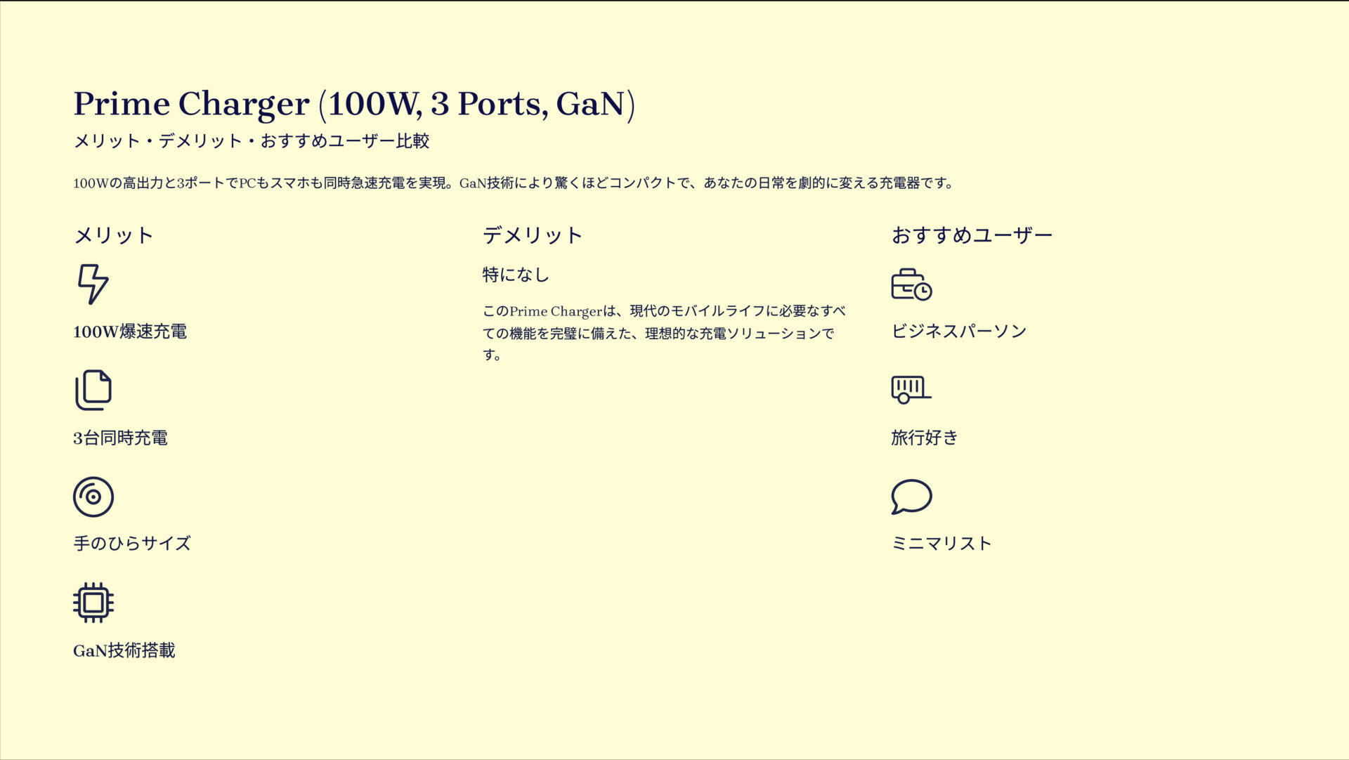 Prime Charger (100W, 3 Ports, GaN)を評価！｜一台で全て急速。新時代の充電器。 の評価サマリー図