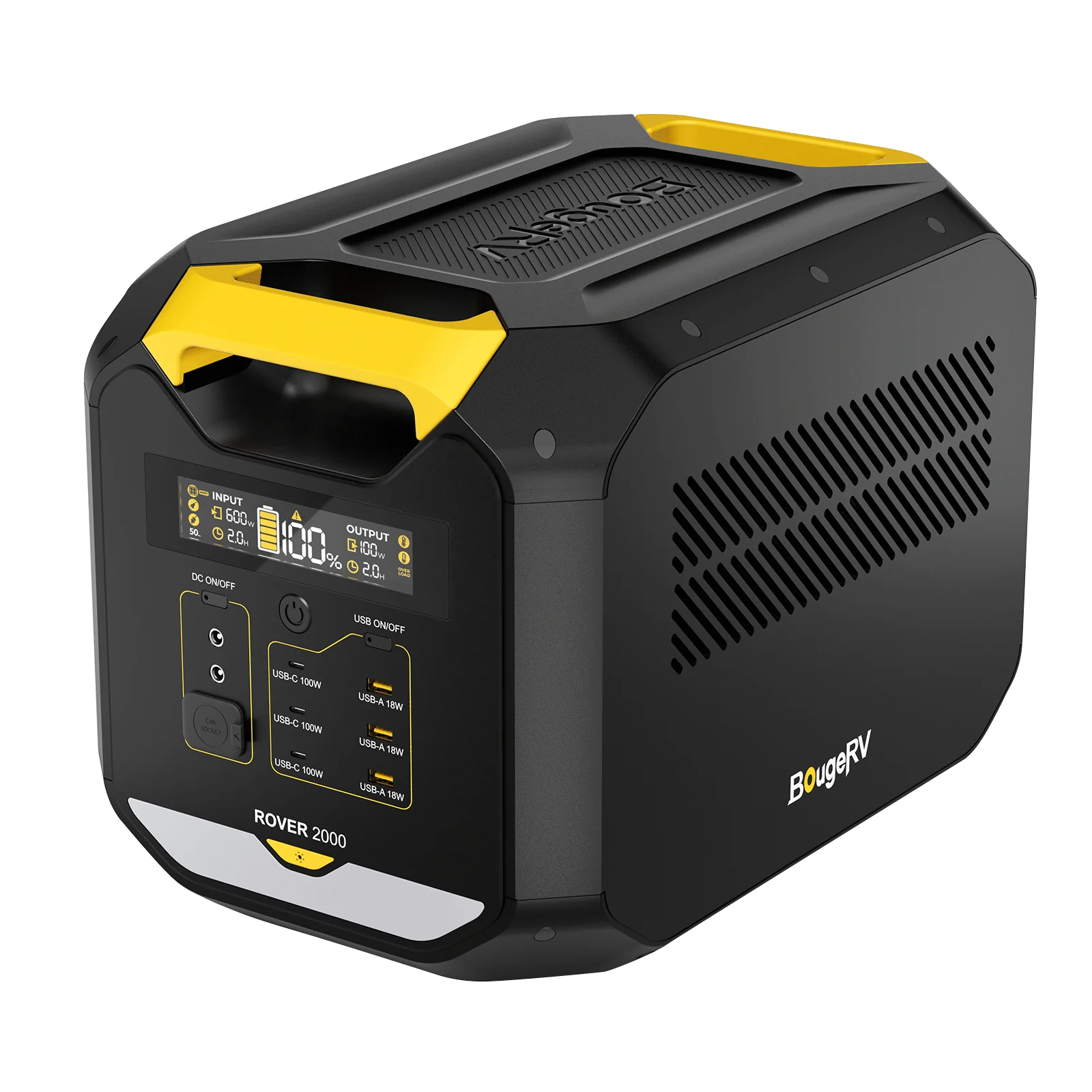 黒と黄色のポータブル電源BougeRV ROVER 2000 USB-CやUSB-A シガーソケットなど多様な出力に対応 液晶画面に充電状況を表示