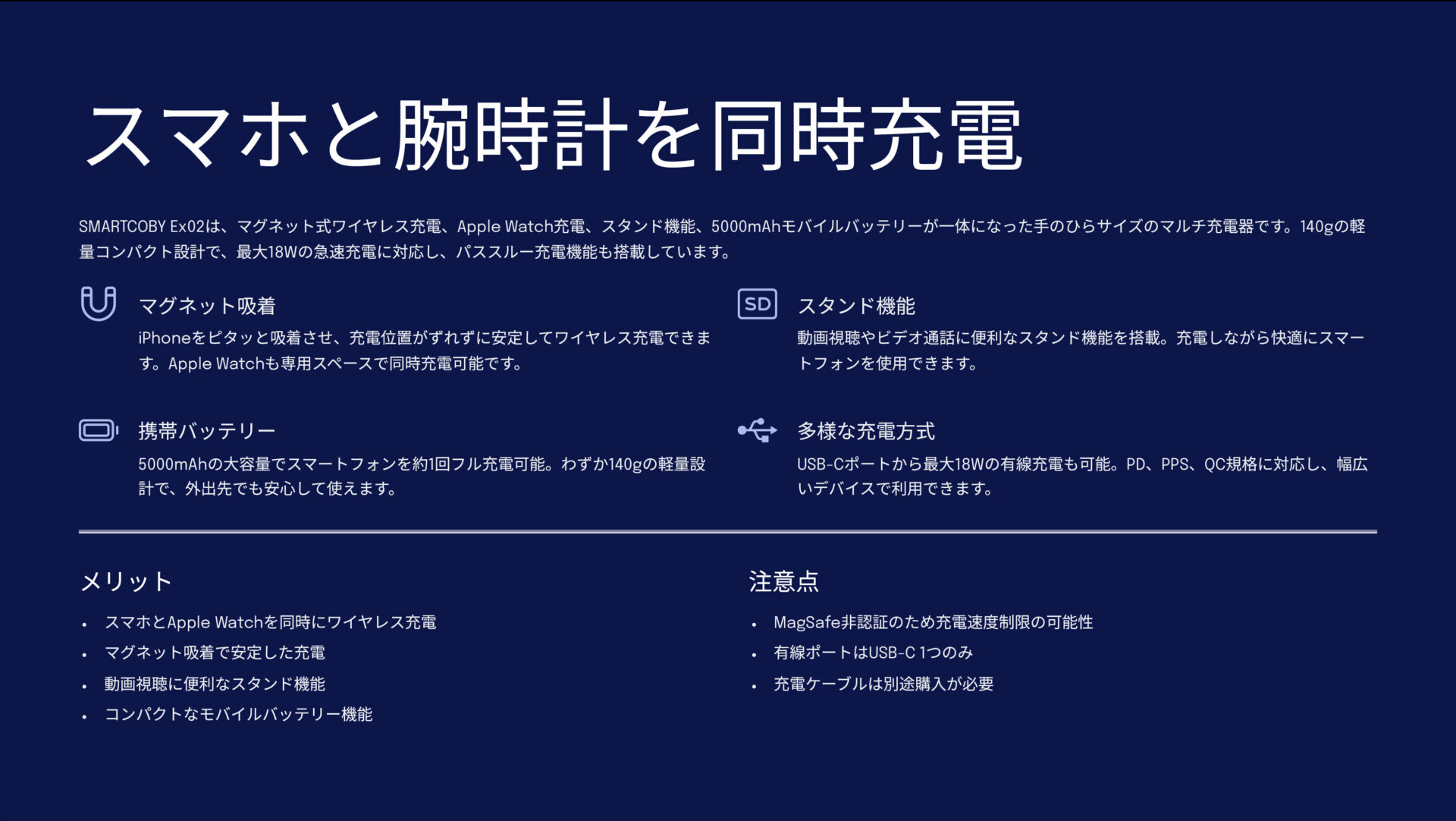 SMARTCOBY Ex02 Wireless Charger(Magnet & Watch) plus Standを評価!|iPhoneもApple Watchも、これ一台でスマートに充電完了! のまとめスライド