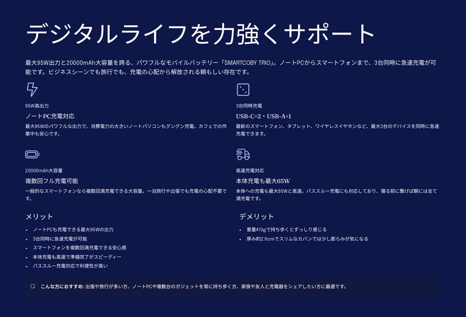 SMARTCOBY TRIOを評価!|3台同時、ノートPCもOK!頼れる大容量バッテリー のまとめスライド