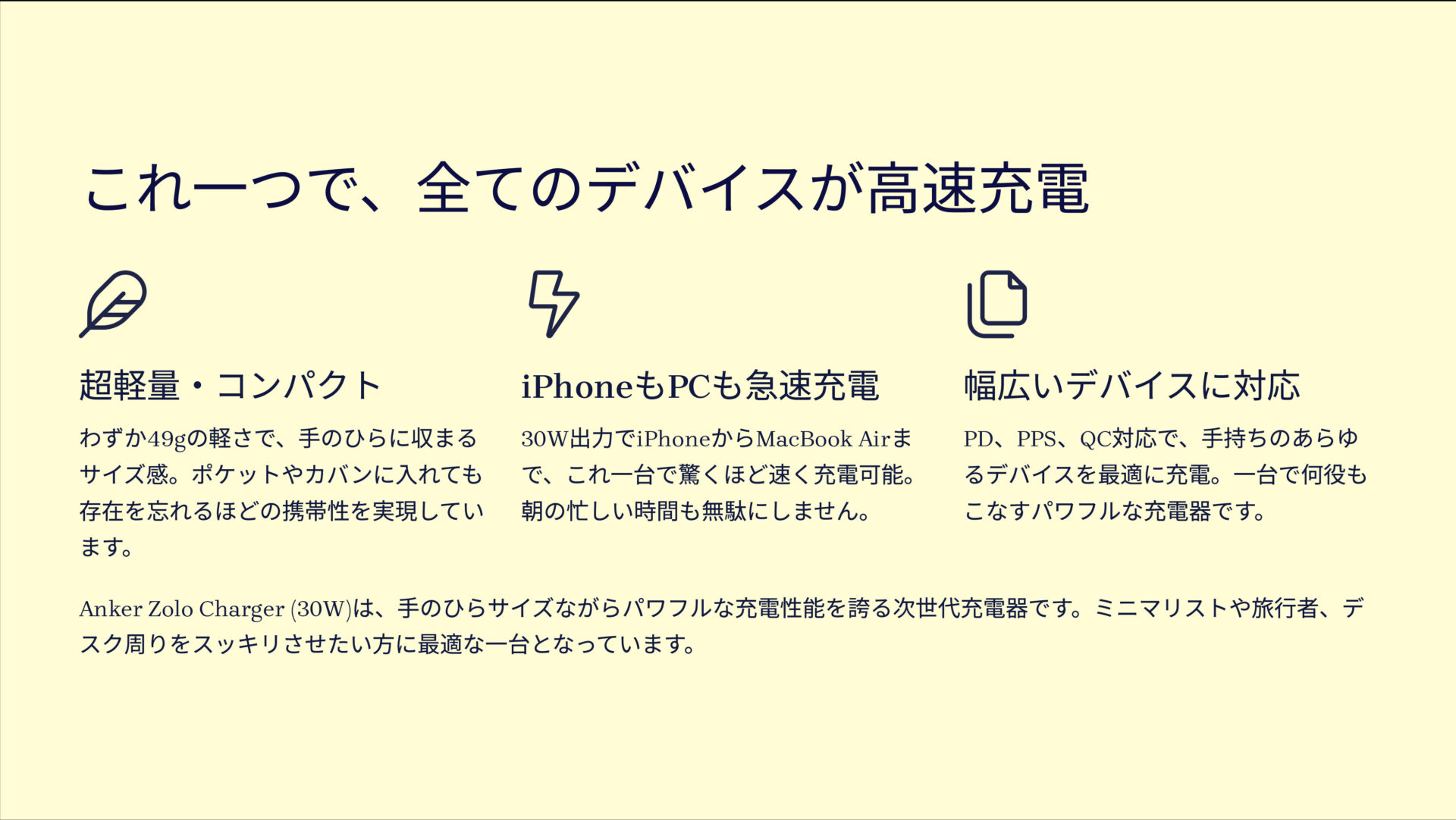 Zolo Charger (30W)を評価！｜手のひらサイズで超速充電。 のまとめスライド