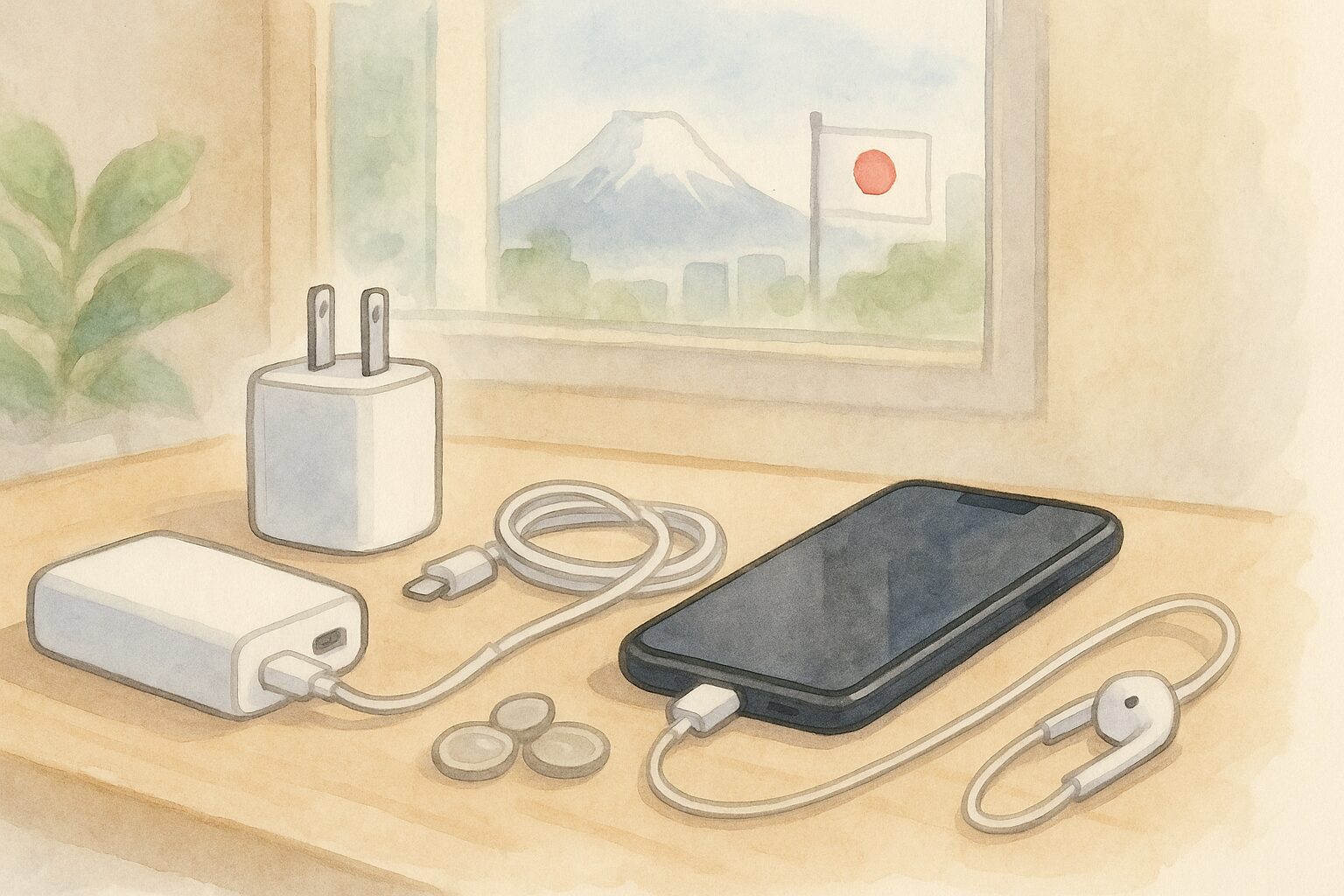 机の上のスマートフォン 充電器 イヤホン 携帯充電器 窓の外に富士山と日本の旗