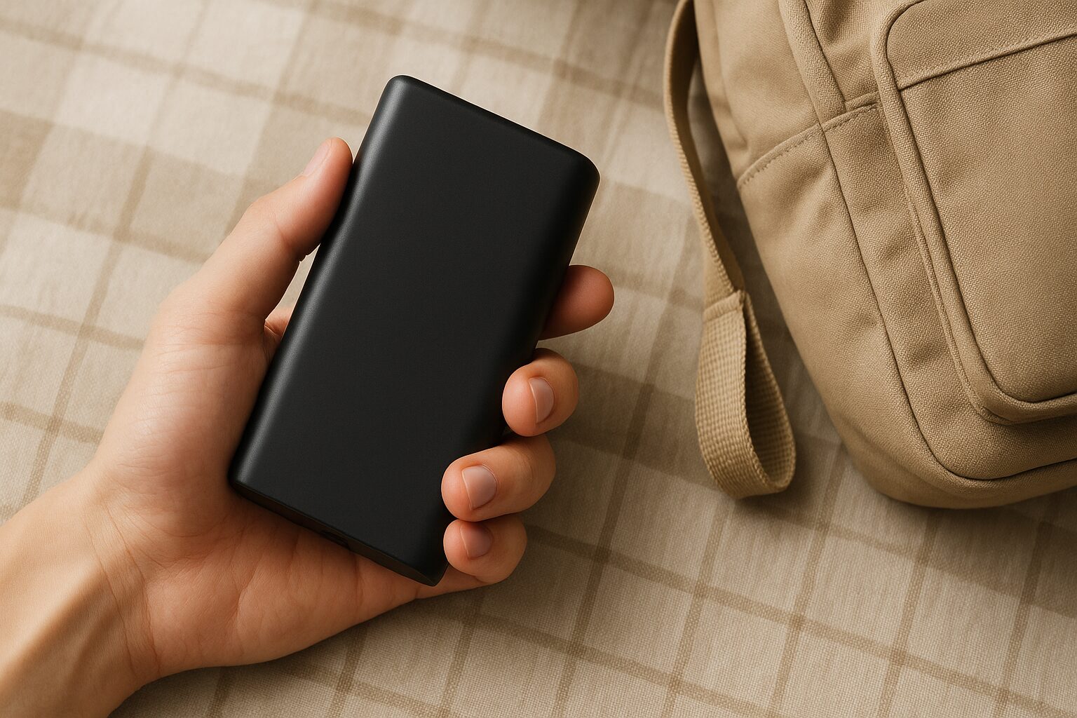 手に持つ黒いモバイルバッテリー