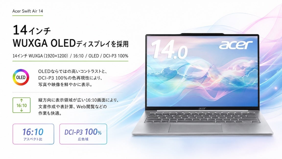 日本エイサー、約980gの軽量14型ノート「Acer Swift Air 14」を発売 - 画像2