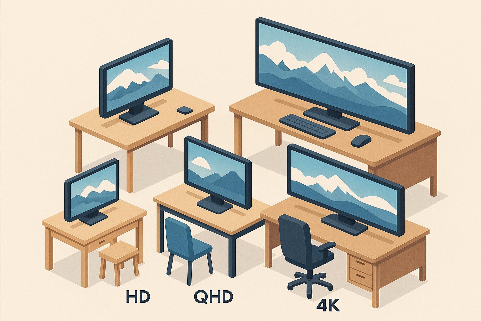 HD QHD 4Kモニターの比較イラスト