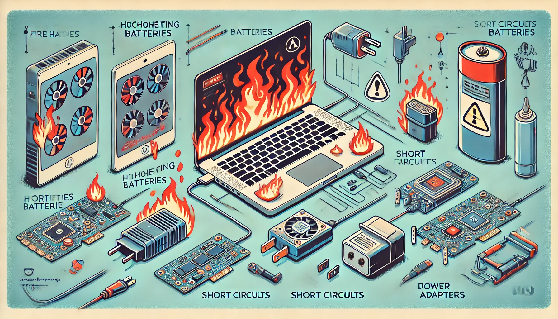 火が出ているスマホやパソコン、バッテリーなどの電気製品の図