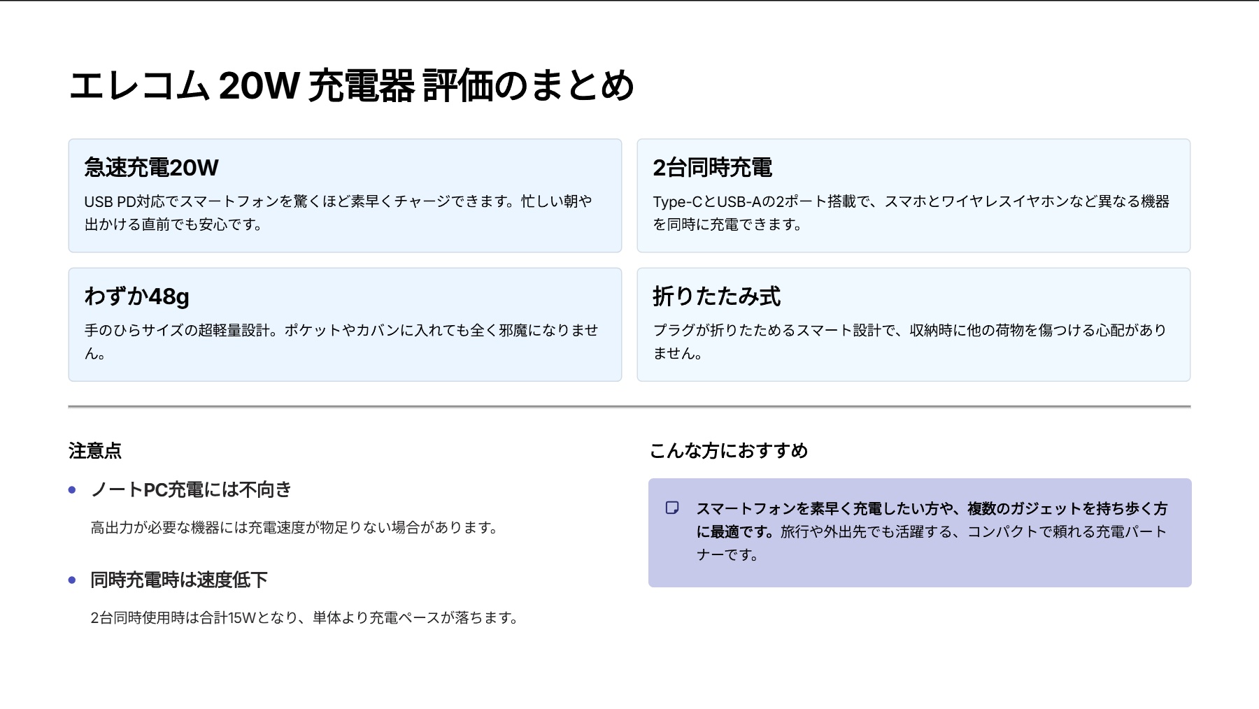 エレコム 充電器 20W 2ポート Type-C USB-A USB PD対応 折りたたみ式プラグ EC-AC22WHを評価！｜手のひらサイズで急速充電！2台同時もOKな頼れる一台 の評価サマリー図