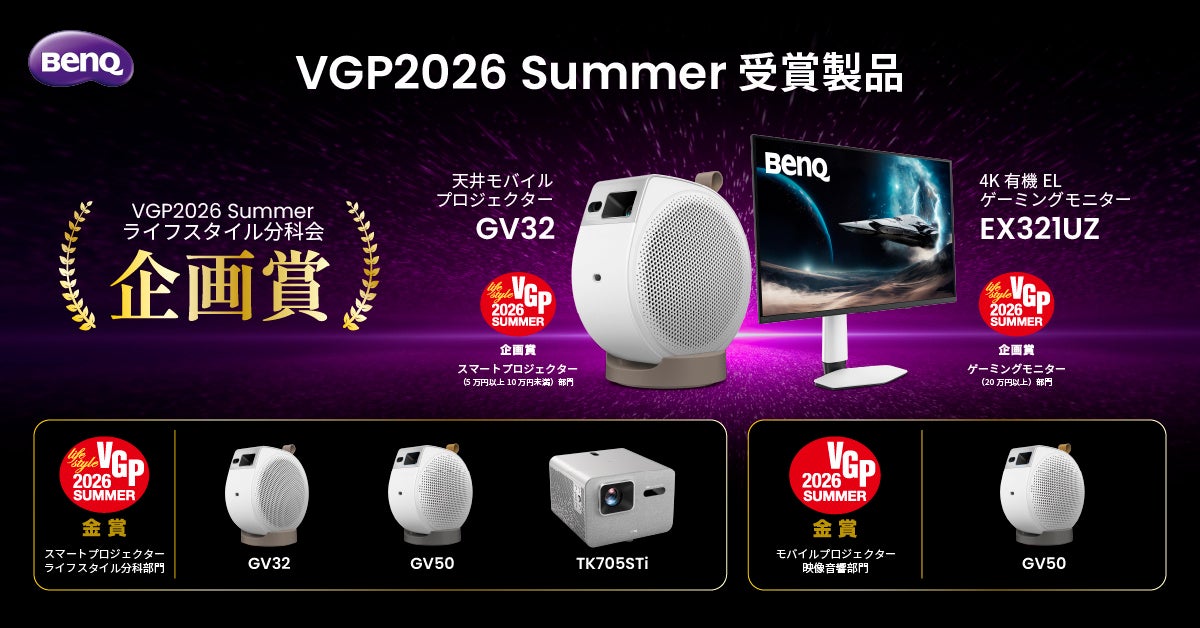 BenQのプロジェクター『GV32』とモニター『EX321UZ』がVGP2026 SUMMERで特別賞を受賞 - 画像1