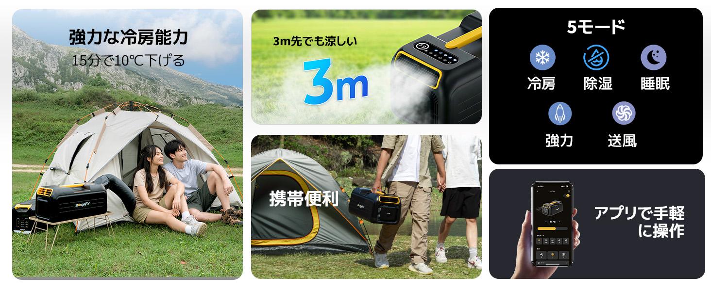 BougeRV PC35 公式特徴まとめ 強力冷房 15分で10℃低下 3m先まで涼しい 5モード アプリ操作