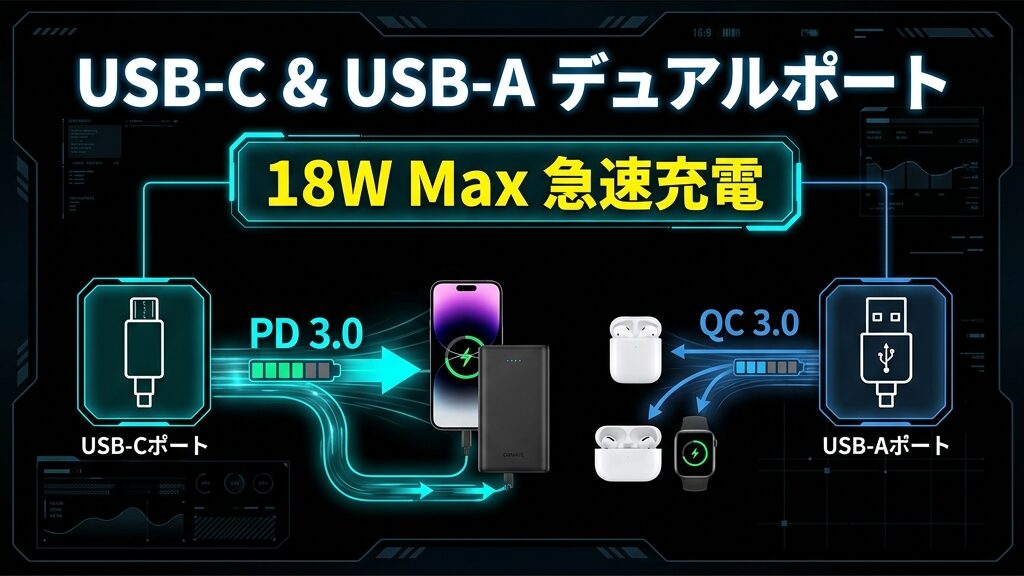 最大18ワットの急速充電に対応したUSB-CとUSB-Aの2つの端子を持つモバイルバッテリーの仕組みを示す図