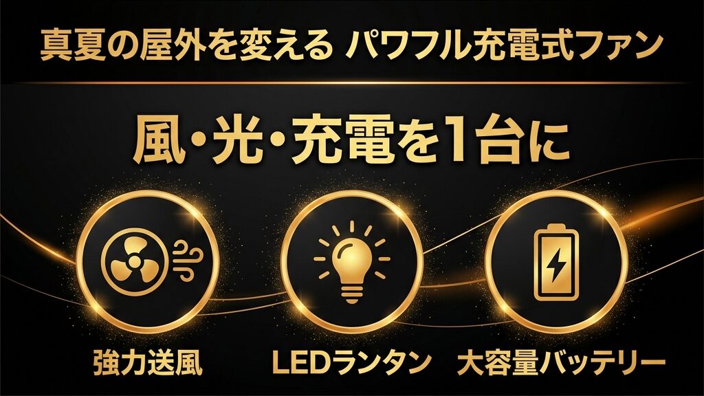 扇風機と照明と電池の機能を持つ真夏の屋外で役立つ充電式ファンを紹介する画像