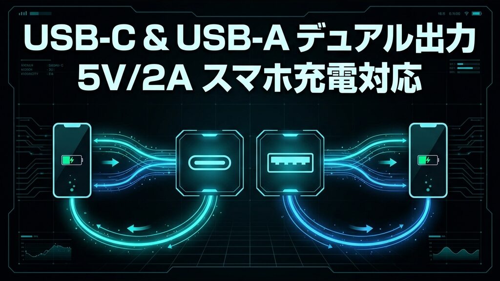USBの端子を二つ持ち5ボルト2アンペアでスマホを充電できる機械の図解
