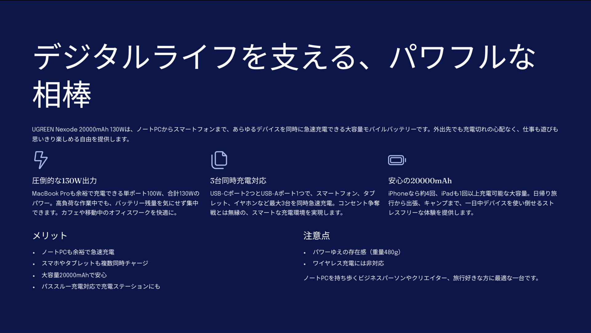 UGREEN Nexode モバイルバッテリー 20000mAh 130Wを評価!|全デバイスを最速チャージ。 のまとめスライド