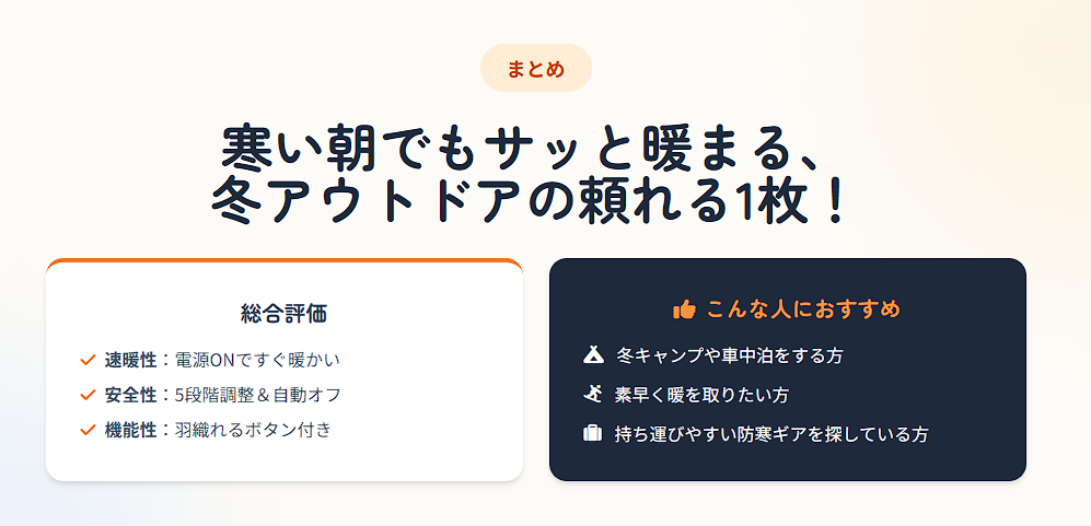 寒い朝もすぐに暖まる冬アウトドア防寒具 速暖性 自動オフ 羽織る機能で冬キャンプ車中泊に最適
