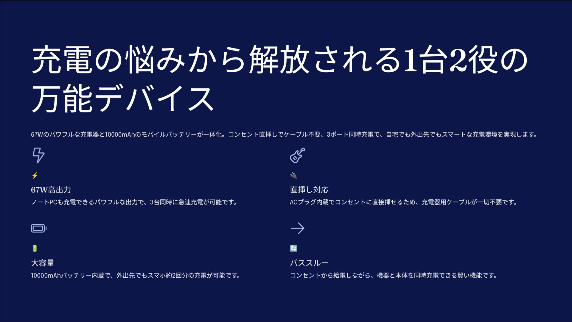 SMARTCOBY Pro PLUGⅡ67W3Cを評価!|コンセント直挿し!充電器もバッテリーも、これ一台で完結。 のまとめスライド