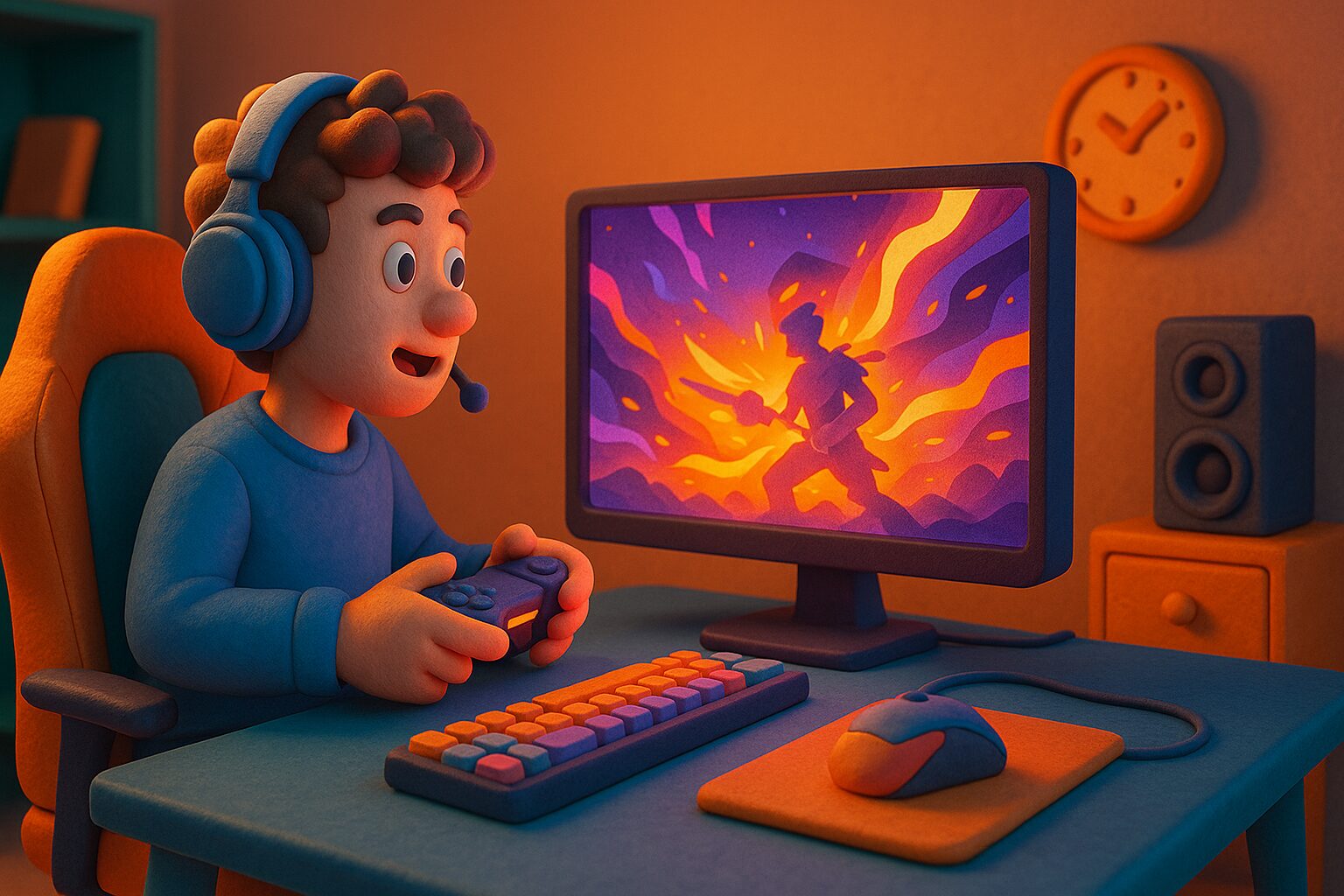 デスクでコントローラーを持ちゲームをする少年