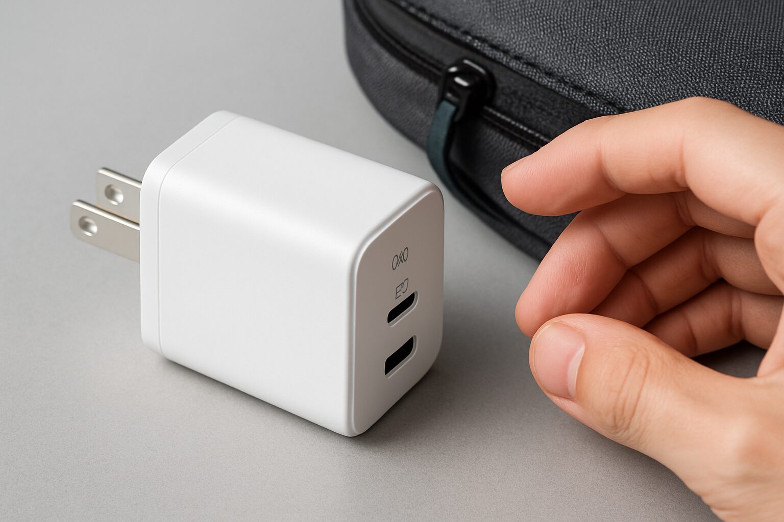 USB-Cポートが2つ付いた白い充電器と手