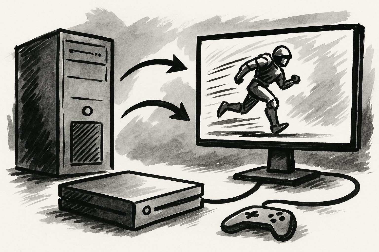 パソコンとゲーム機 モニターに走る人のゲーム画面 コントローラー