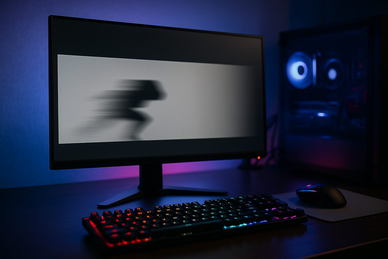ゲーミングPCのデスクに置かれたキーボード マウス モニターには走る人影が表示されている