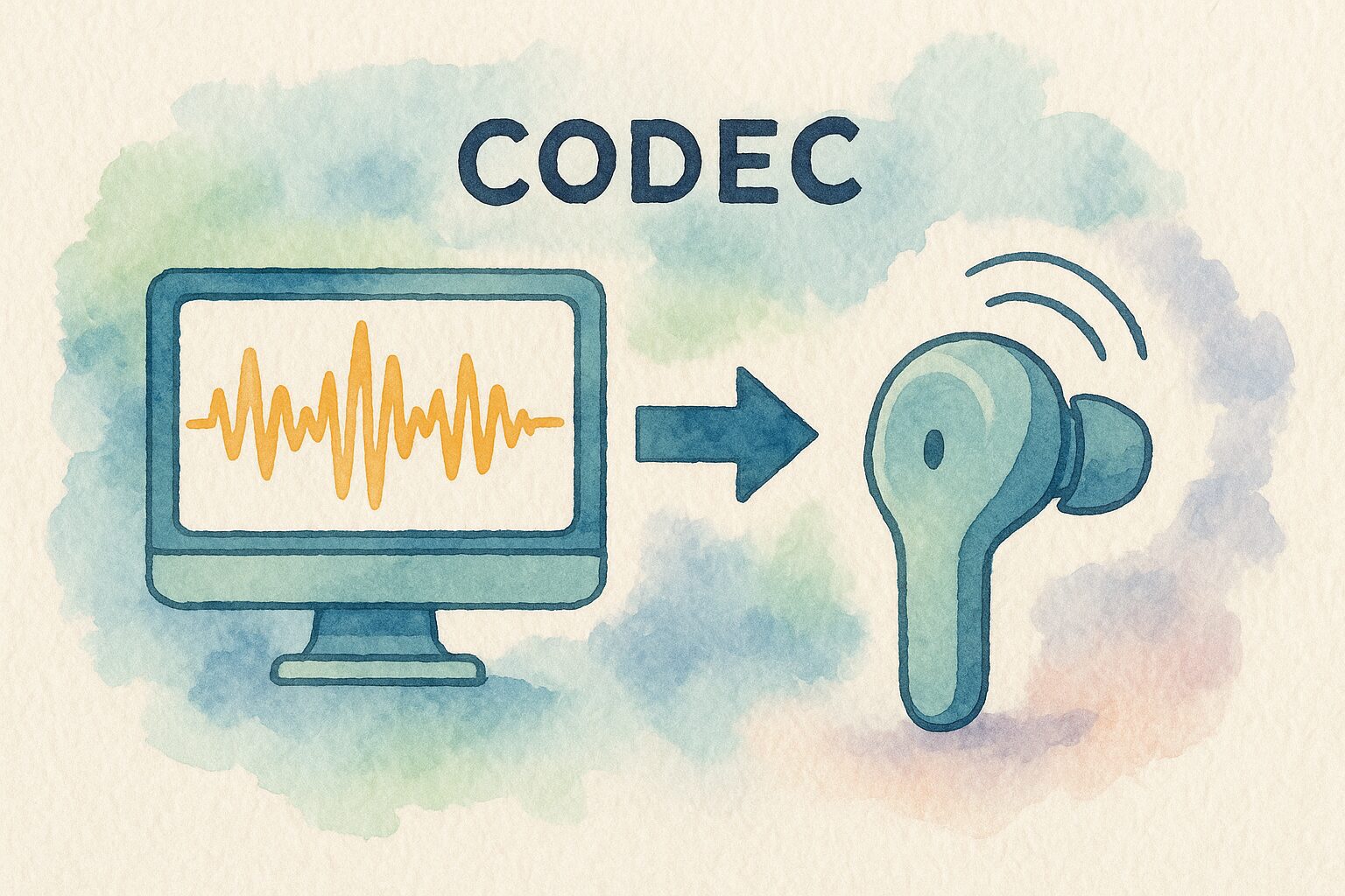 CODECを示す図 画面の音波がワイヤレスイヤホンへ送られる流れ