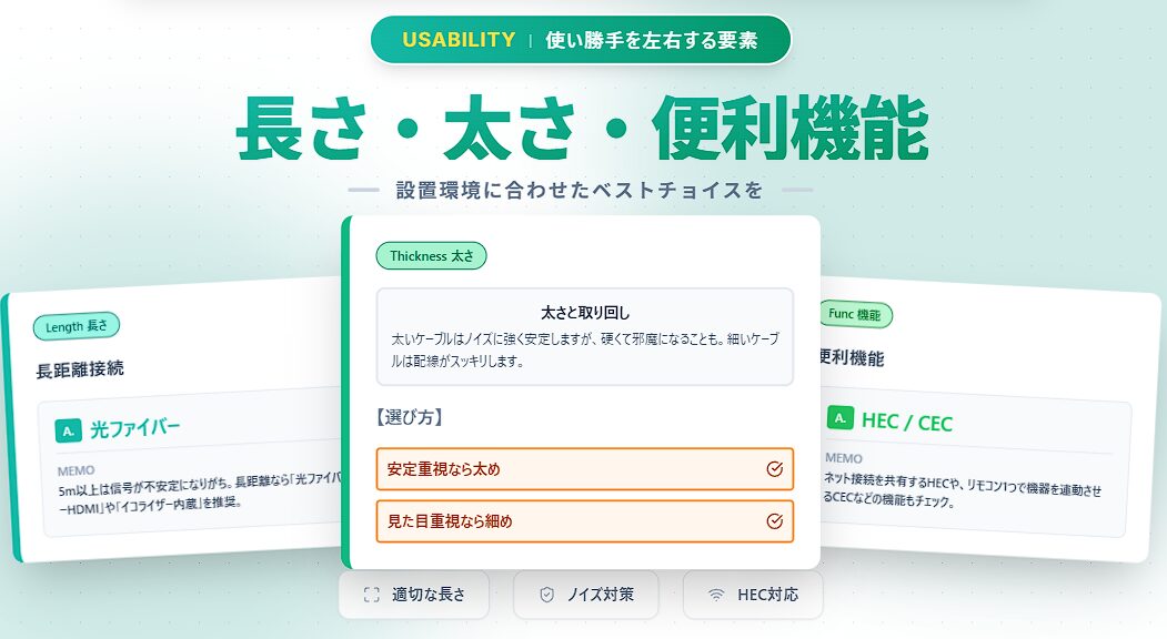 ケーブルの選び方 長さ 太さ 便利機能