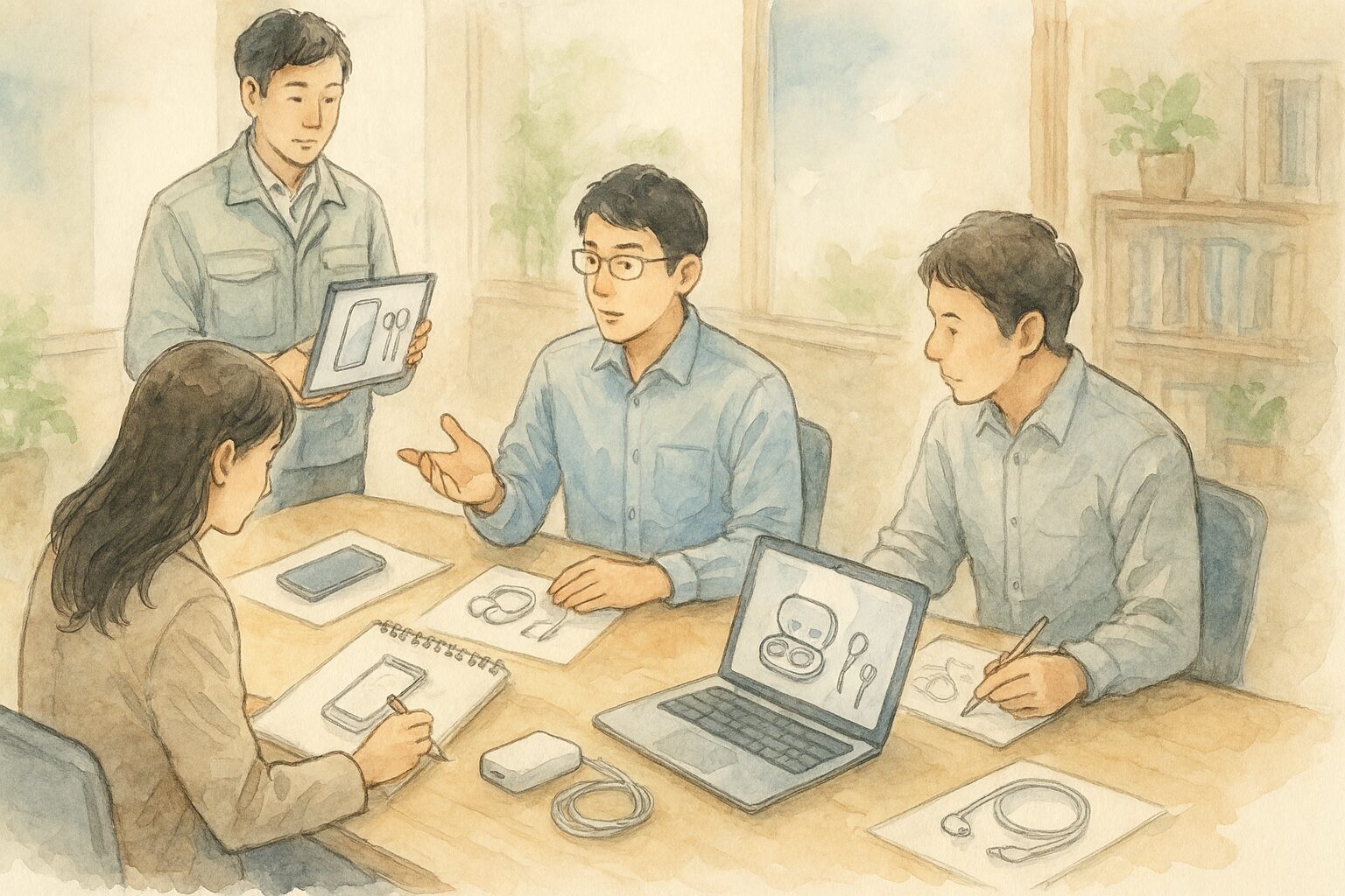 会議室で新しい製品のデザインについて話し合う4人の人々