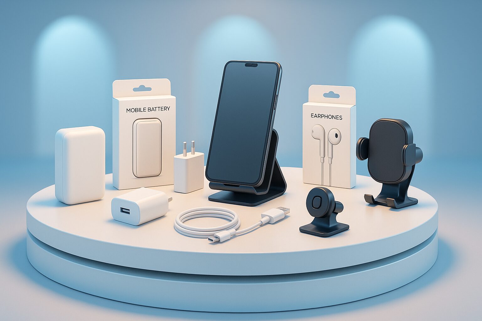白い展示台に並ぶスマートフォンと携帯バッテリー イヤホン 充電器