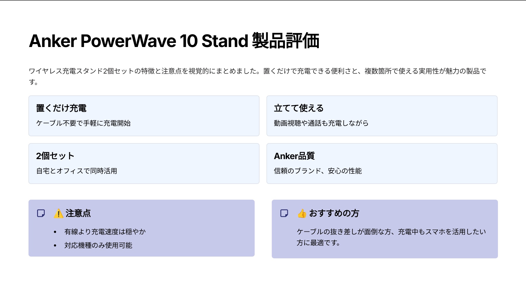 Anker PowerWave 10 Stand 2個セットを評価|置くだけ充電&スタンド機能!2個セットでどこでも快適。 の評価サマリー図