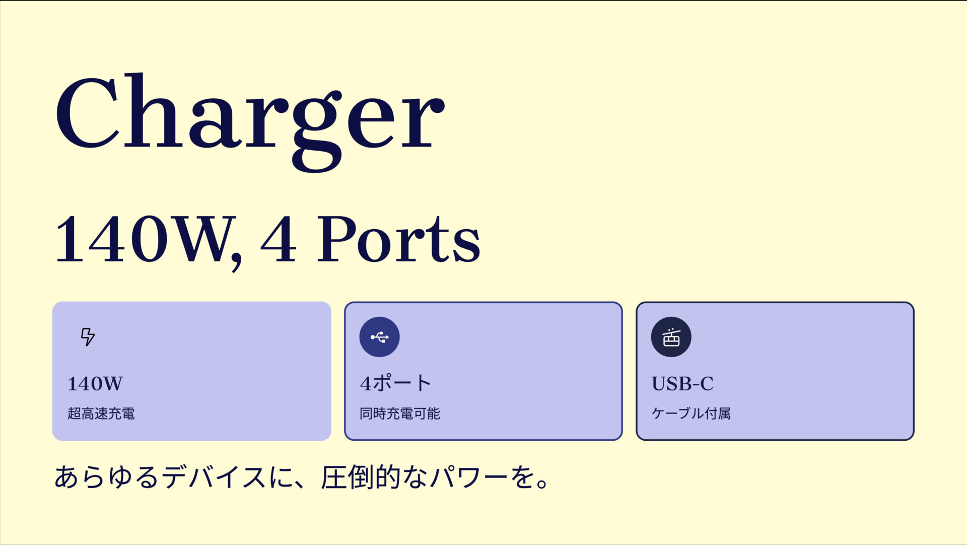 Charger (140W, 4 Ports) with USB-C & USB-C ケーブル のアイキャッチ画像