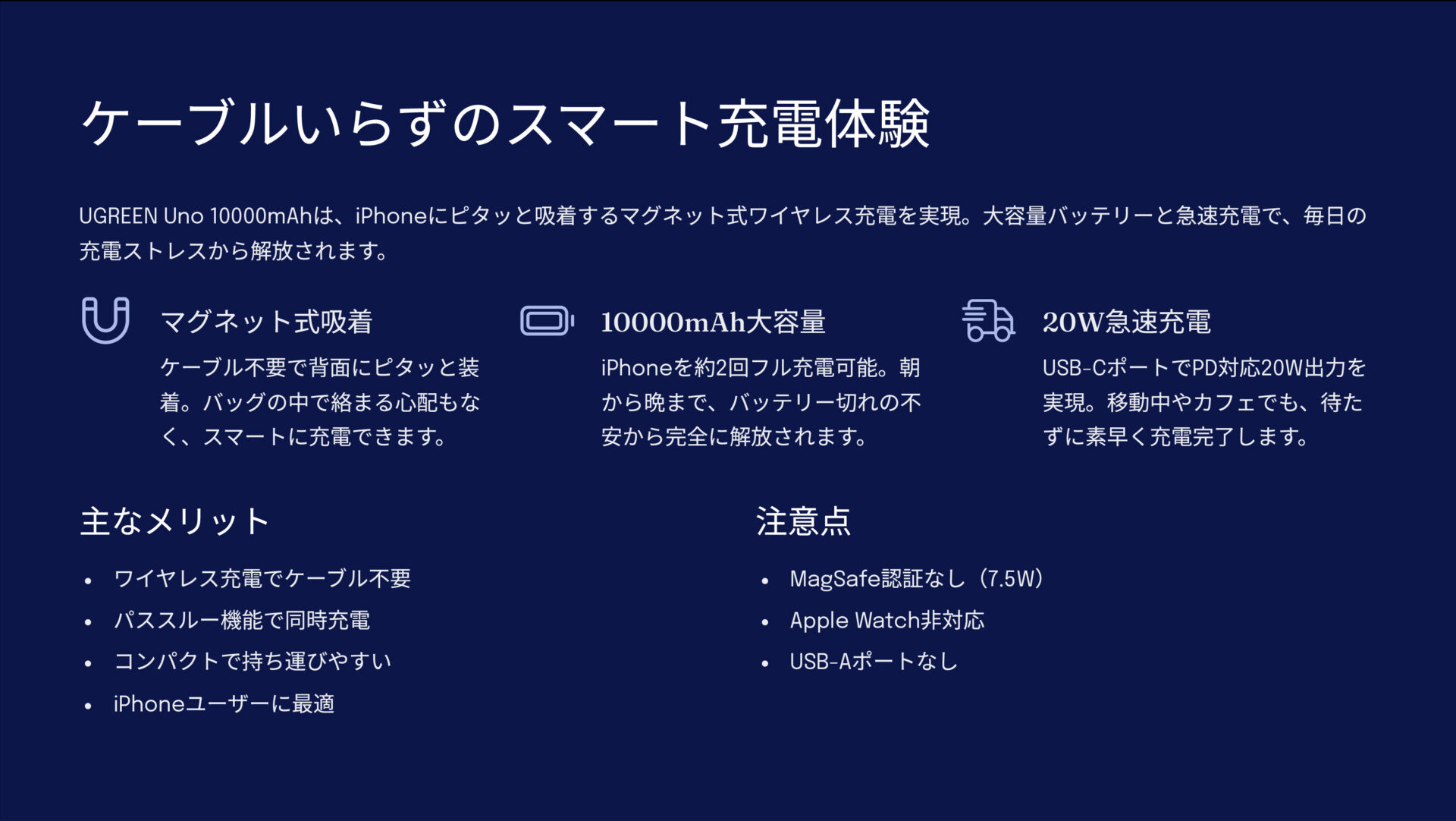 UGREEN Uno 10000mAh マグネット式ワイヤレス充電対応モバイルバッテリーを評価!|ピタッと吸着、スマート充電。 のまとめスライド