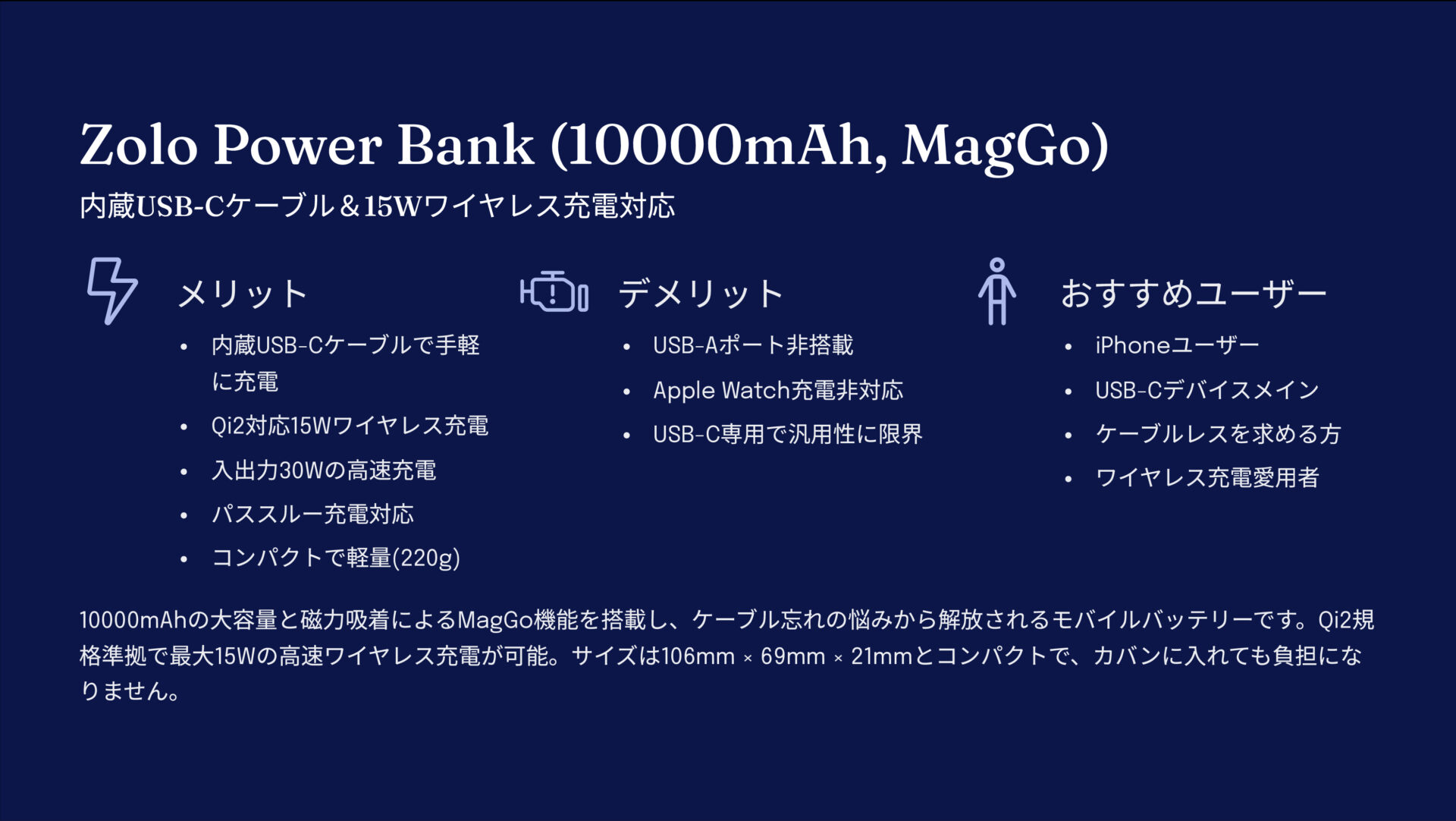 Zolo Power Bank (10000mAh, MagGo, Built-In USB-Cケーブル)を評価！｜ケーブル不要。もう迷わない。 の評価サマリー図