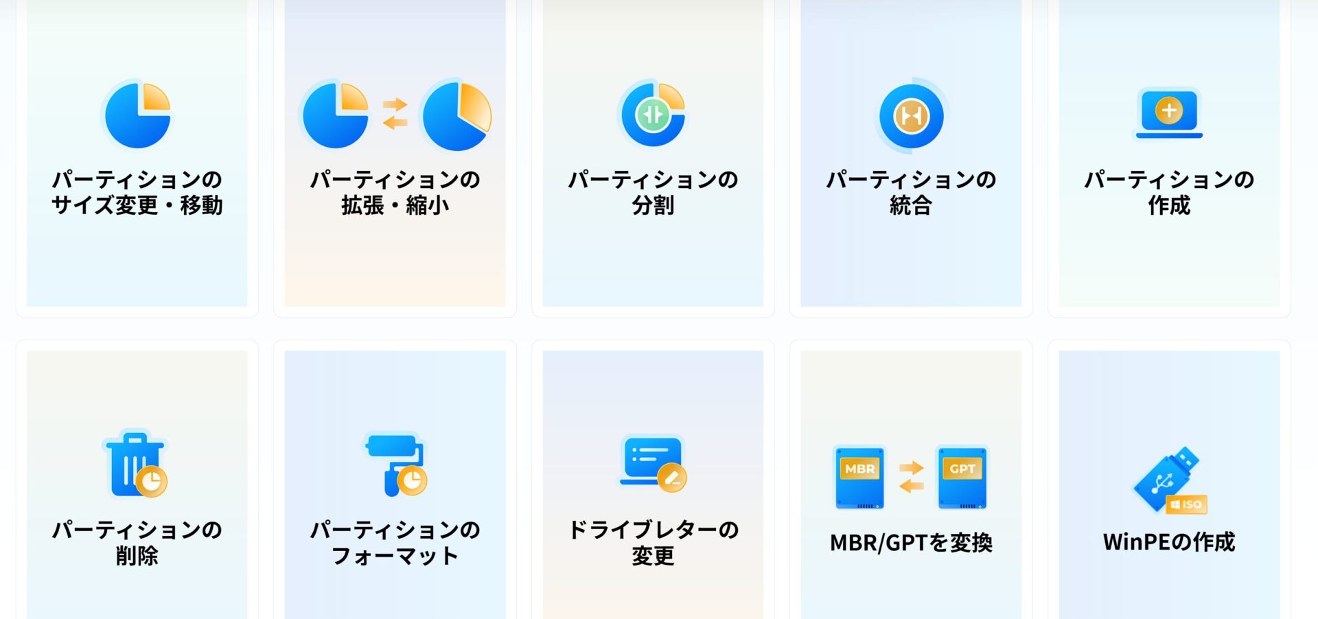 パーティション管理機能のアイコン一覧