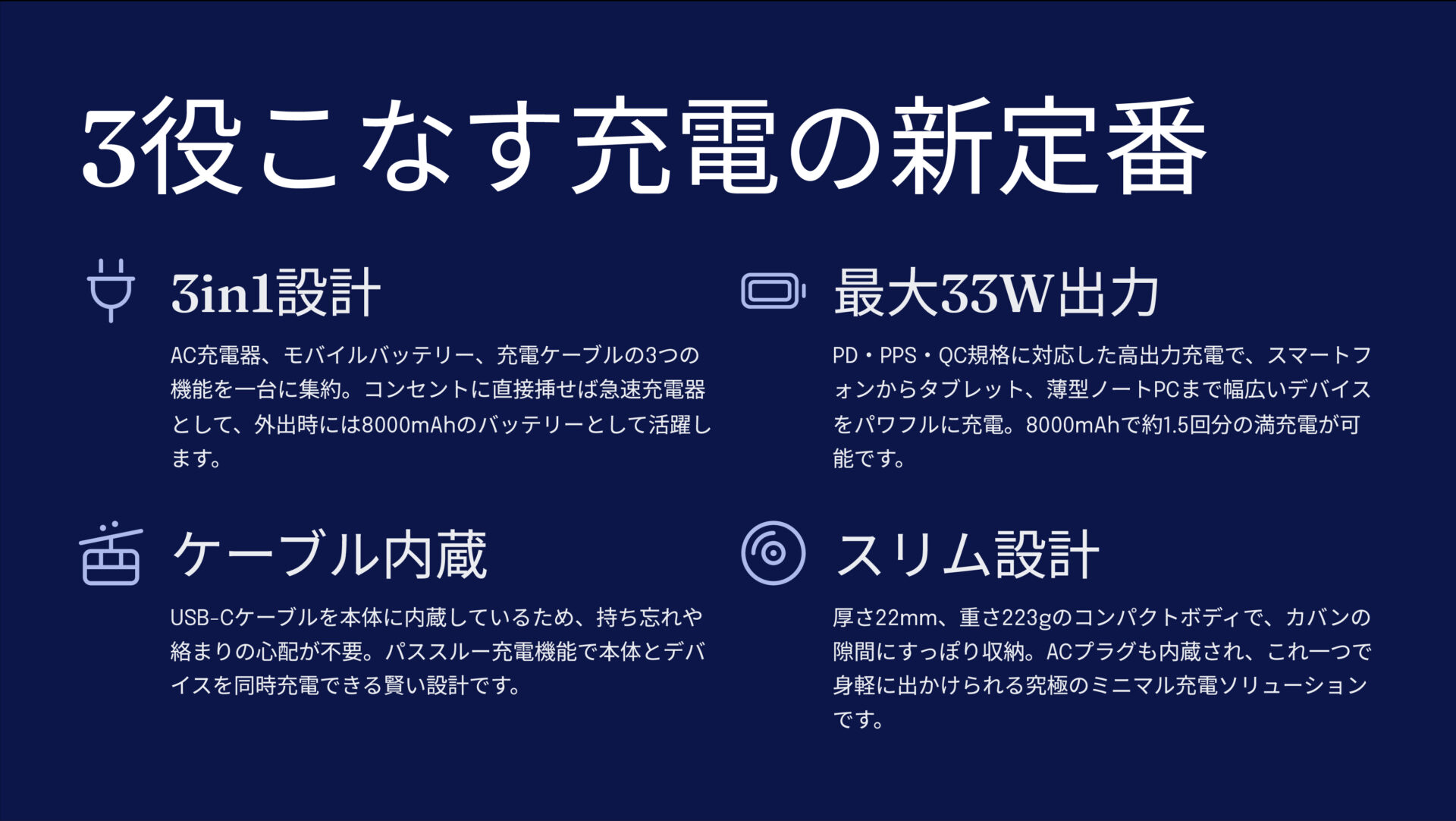 SMARTCOBY Ex03 SLIM PLUG & CABLEを評価!|充電器、バッテリー、ケーブルが合体!身軽にどこでも急速チャージ。 のまとめスライド