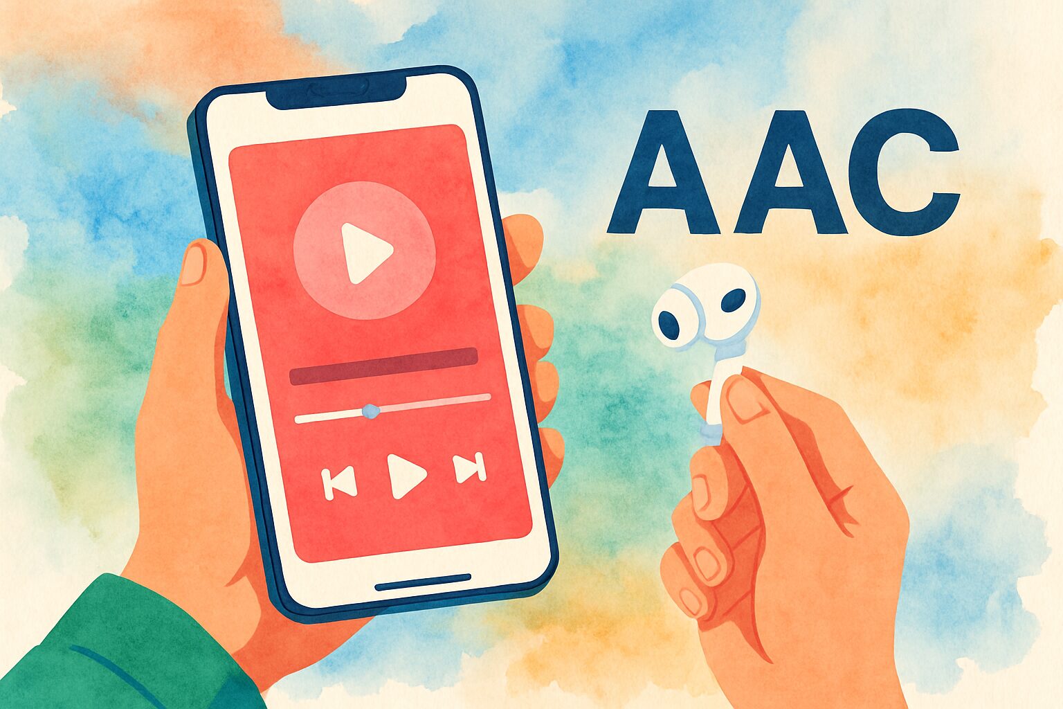 AACの文字とスマートフォンとワイヤレスイヤホン