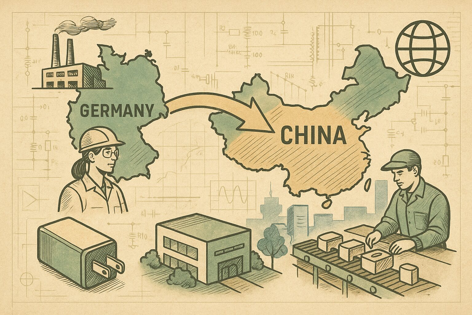 ドイツと中国の地図があり ドイツから中国へ矢印が伸び 工場や働く人々が描かれている