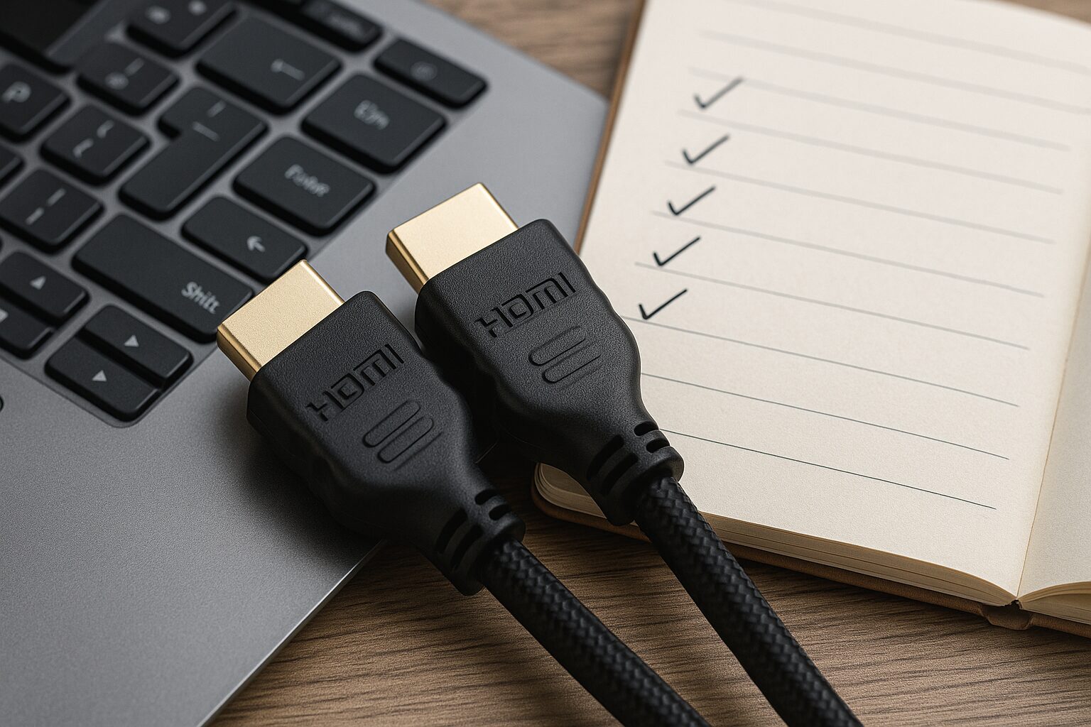 黒いHDMIケーブル2本がノートパソコンのキーボードとチェックリストが書かれたノートの上にある