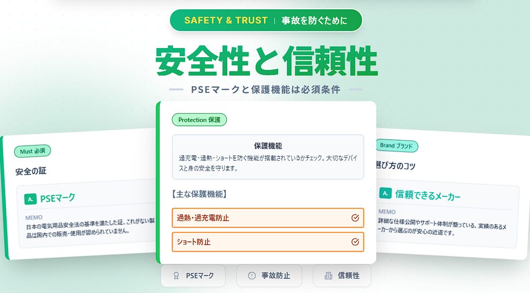 製品の安全性と信頼性についてPSEマークと過熱過充電防止ショート防止機能の重要性を解説する図