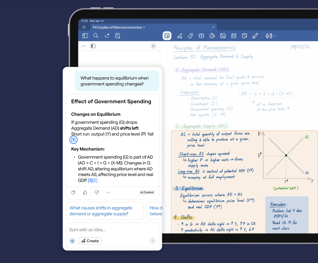 ノートの情報に基づく質問とAIの回答を並べたGoodnotesの公式画面例
