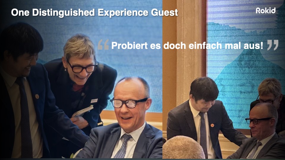 発表会スライドで紹介されたRokid Glasses装着中のドイツ・メルツ首相「Probiert es doch einfach mal aus!(試してみたらいいよ!)」