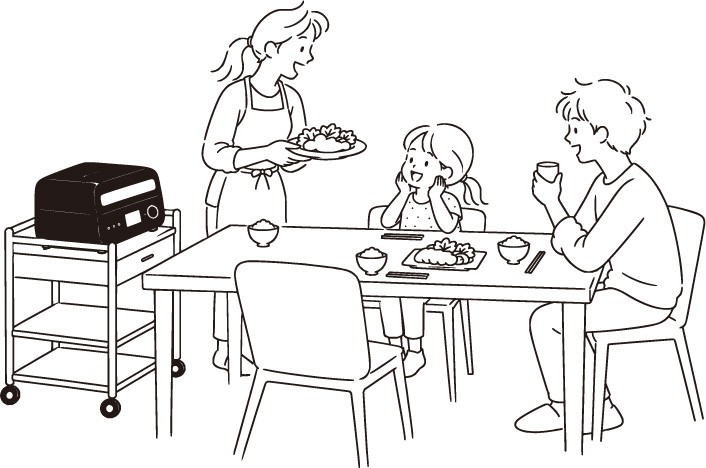 家族の食卓とワゴン上の製品を描いた公式線画