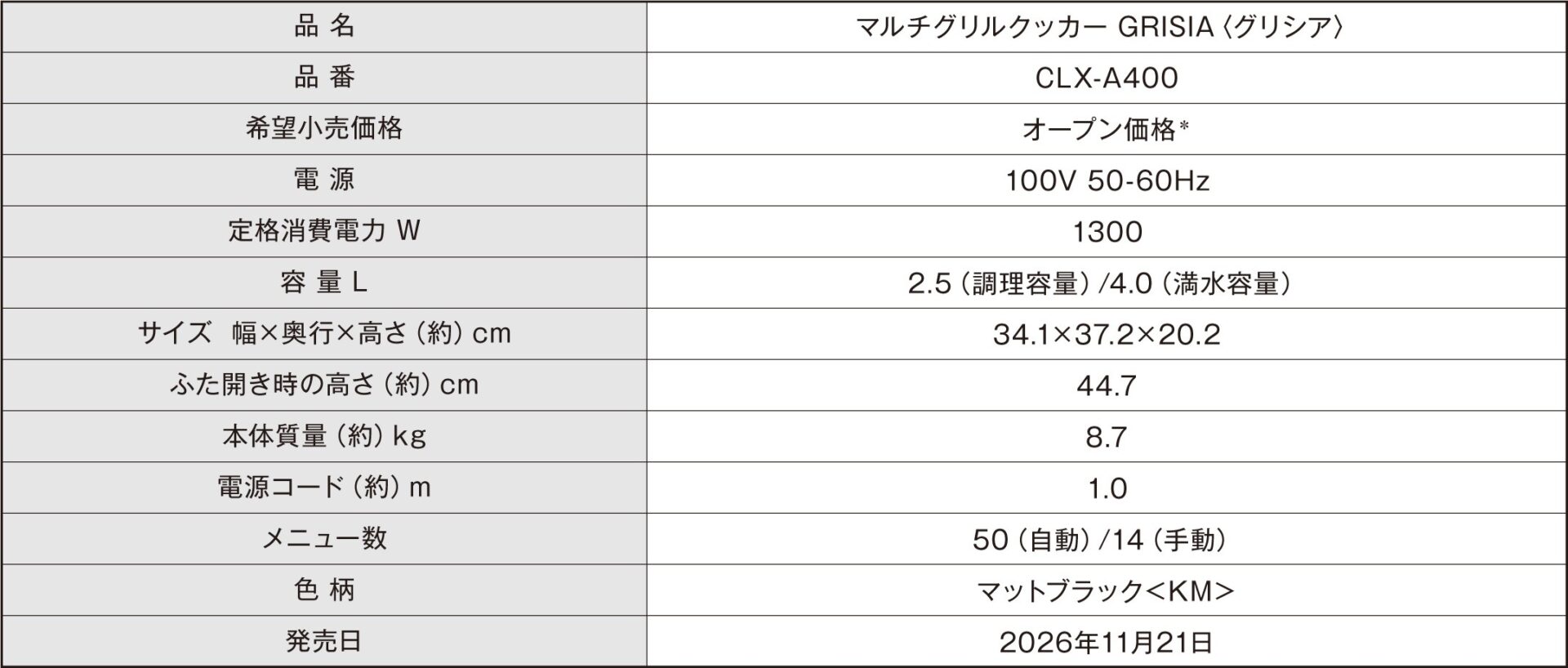 CLX-A400の製品仕様表