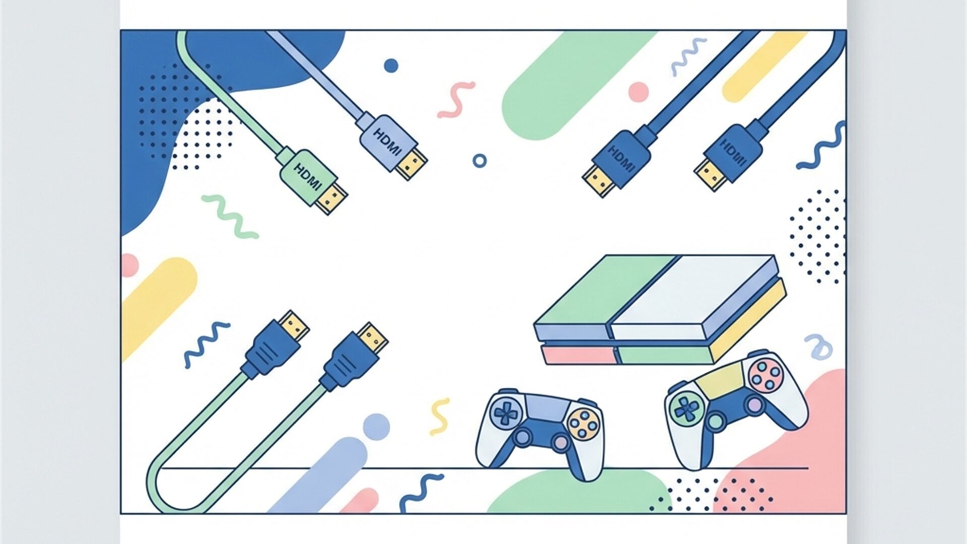 ゲーム機とコントローラー、映像ケーブルのイラスト