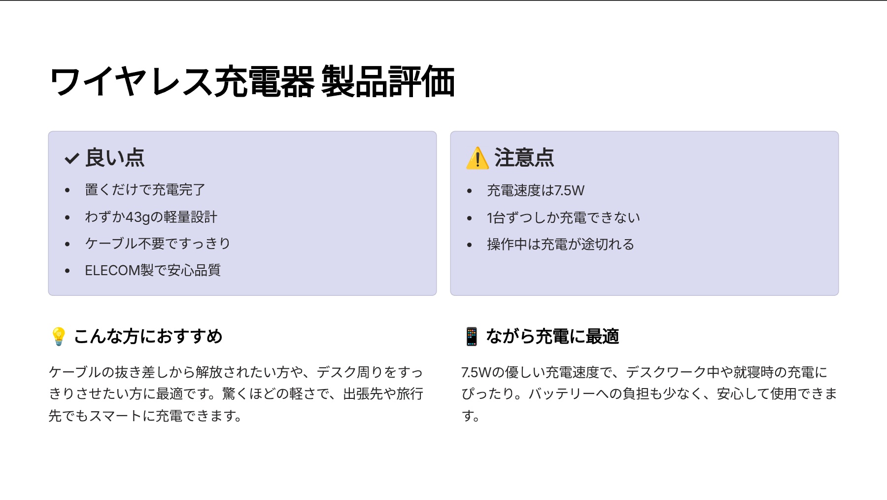 ワイヤレス充電器を評価!|置くだけスマート充電!驚きの軽さでどこへでも。 の評価サマリー図