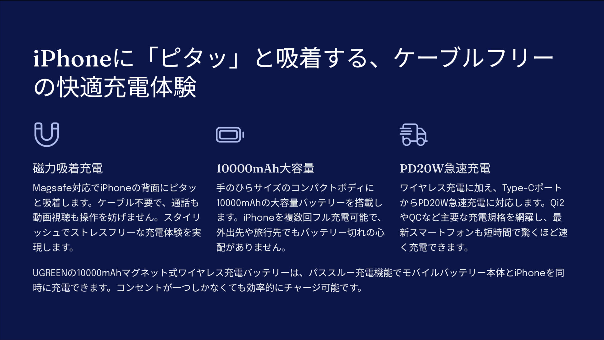 UGREENモバイルバッテリー マグネット式ワイヤレス充電 Magsafe対応 10000mAhを評価!|iPhoneに吸着、爆速充電! のまとめスライド